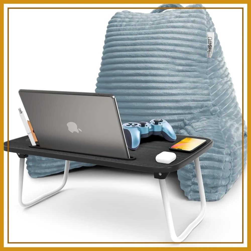 

Blue Reading Pillow with Bed Desk for Laptop and Writing, Luxe Plush Back Support, Adjustable Arms, Foldable Lap Desk 22x14