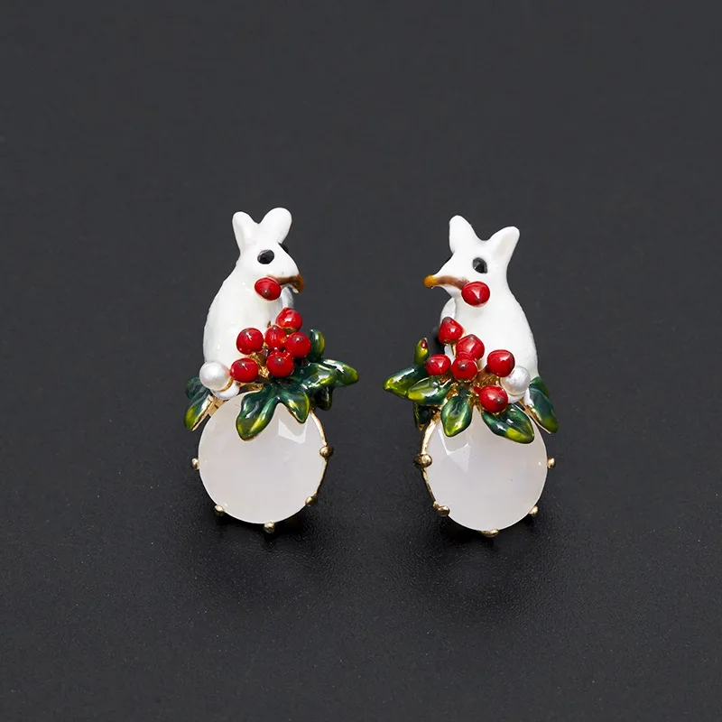 

Cute fashion animal enamel glaze cute pet rabbit small ruby gem earrings female