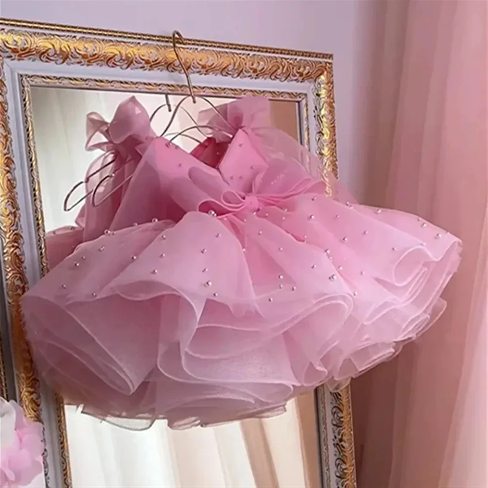 

Luxury Flower Girl Wedding Dress Sleeveless Pearls with Bow Puffy Princess Birthday Party First Communion Ball Gown Customized