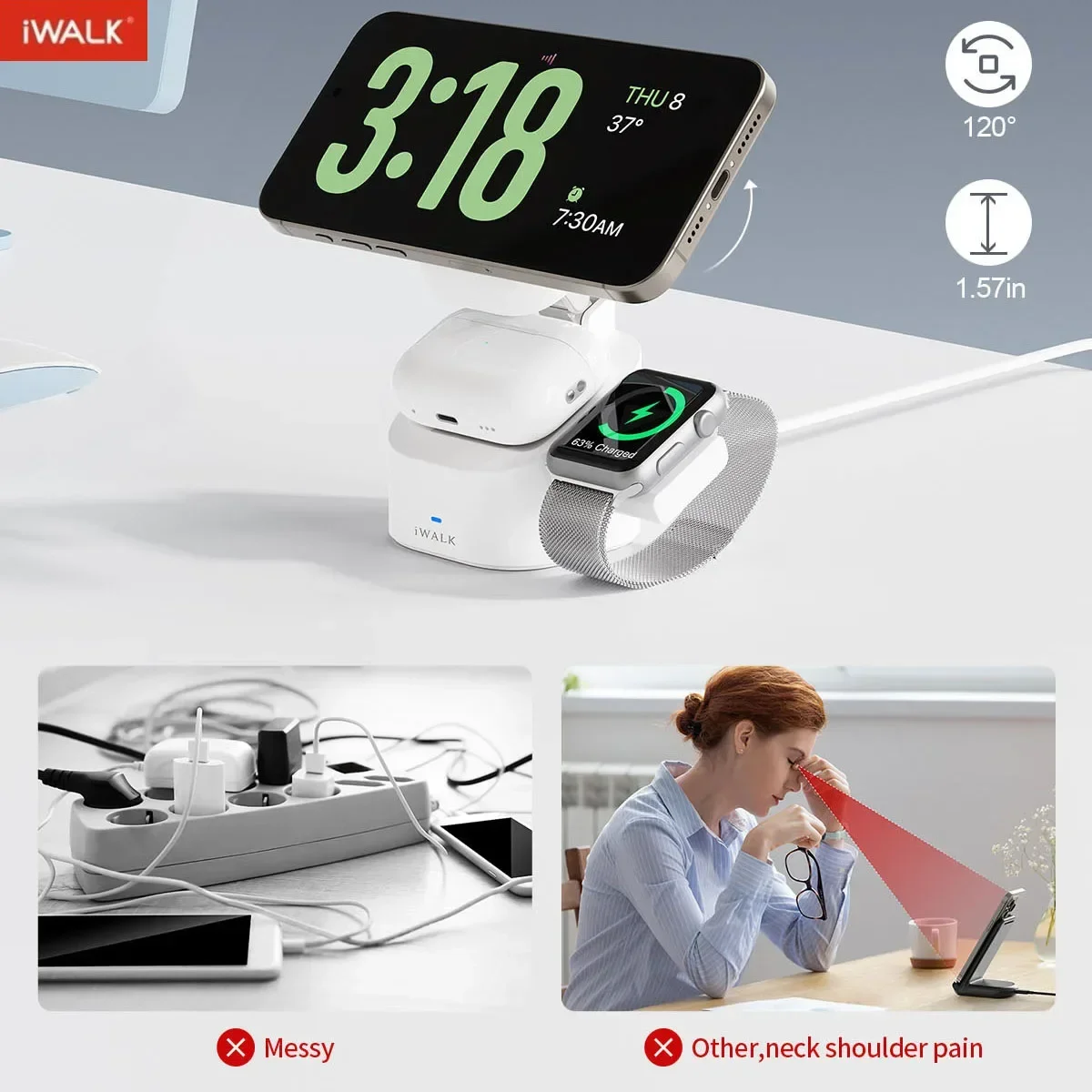 iWALK for Magsafe Higher and More Stable 3 in 1 Foldable Wireless Charging Station, Adjustable Magnetic Portable Charger Stand