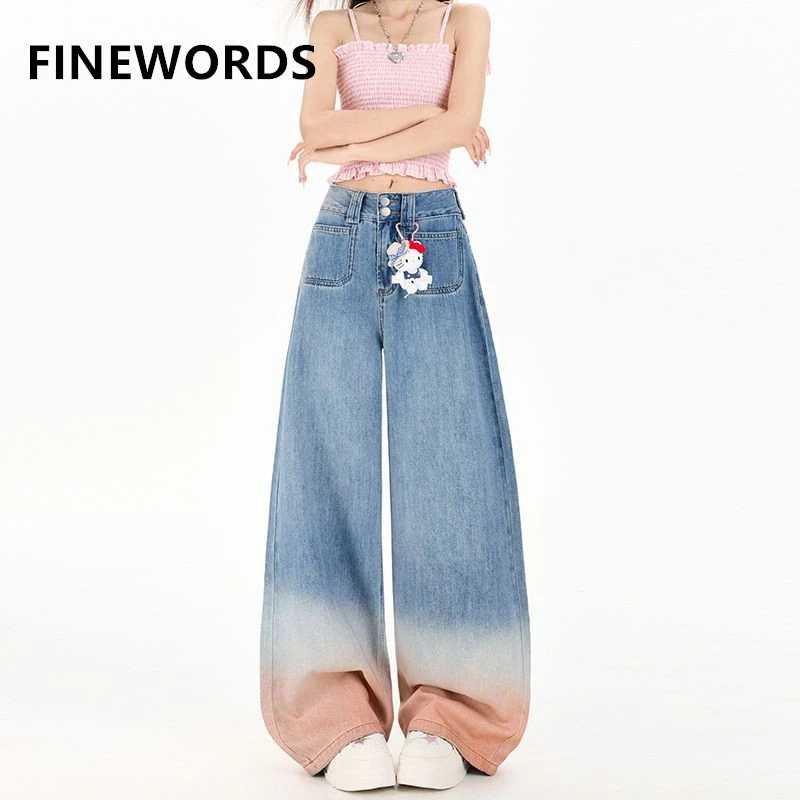 

FINEWORDS Retro High Waist Jeans Women Wide Leg Korean Gradient Jeans Streetwear Easymatch Harajuku Full Length Baggy Jeans