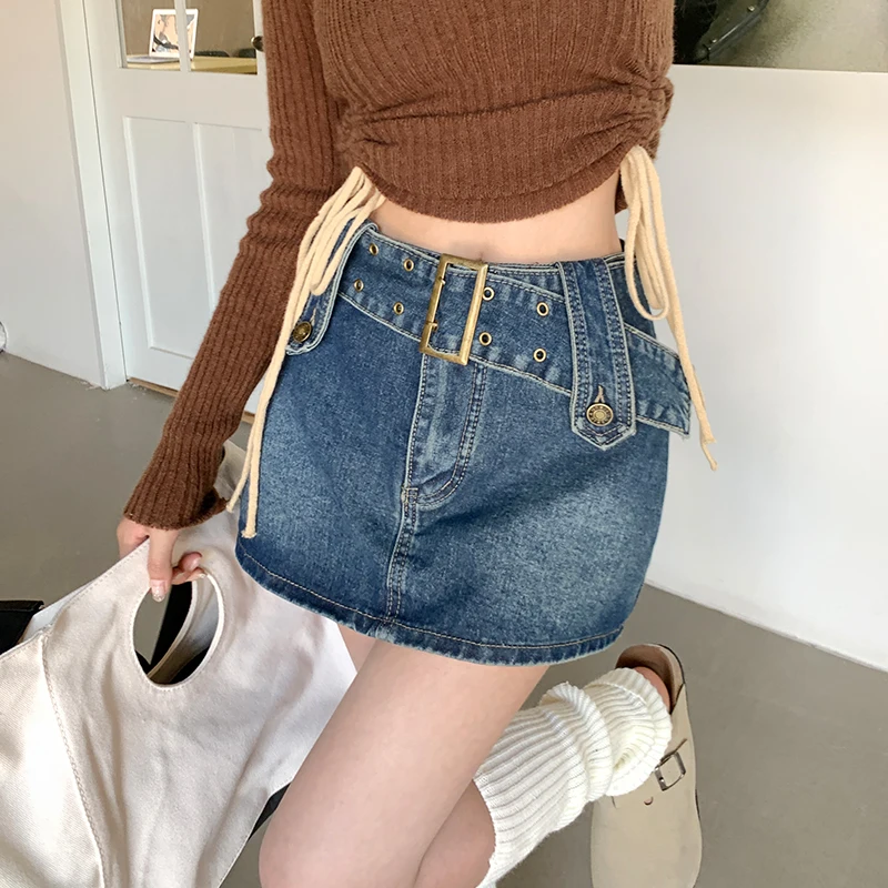 

High Waist A-Line Skirt Women's Summer Korean Sle Retro Denim ort Skirt Sexy Girl Bodycon Skirt Pure Color Commute