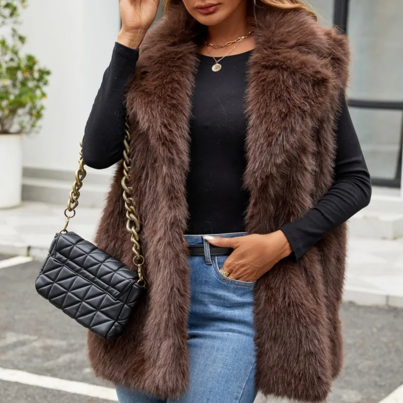 2025 الشتاء رشاقته الدفء بلون صدرية جاكيتات إطالة الفراء رقيق معاطف طويلة ملابس خارجية الرجعية المرأة فو الفراء سترة #1