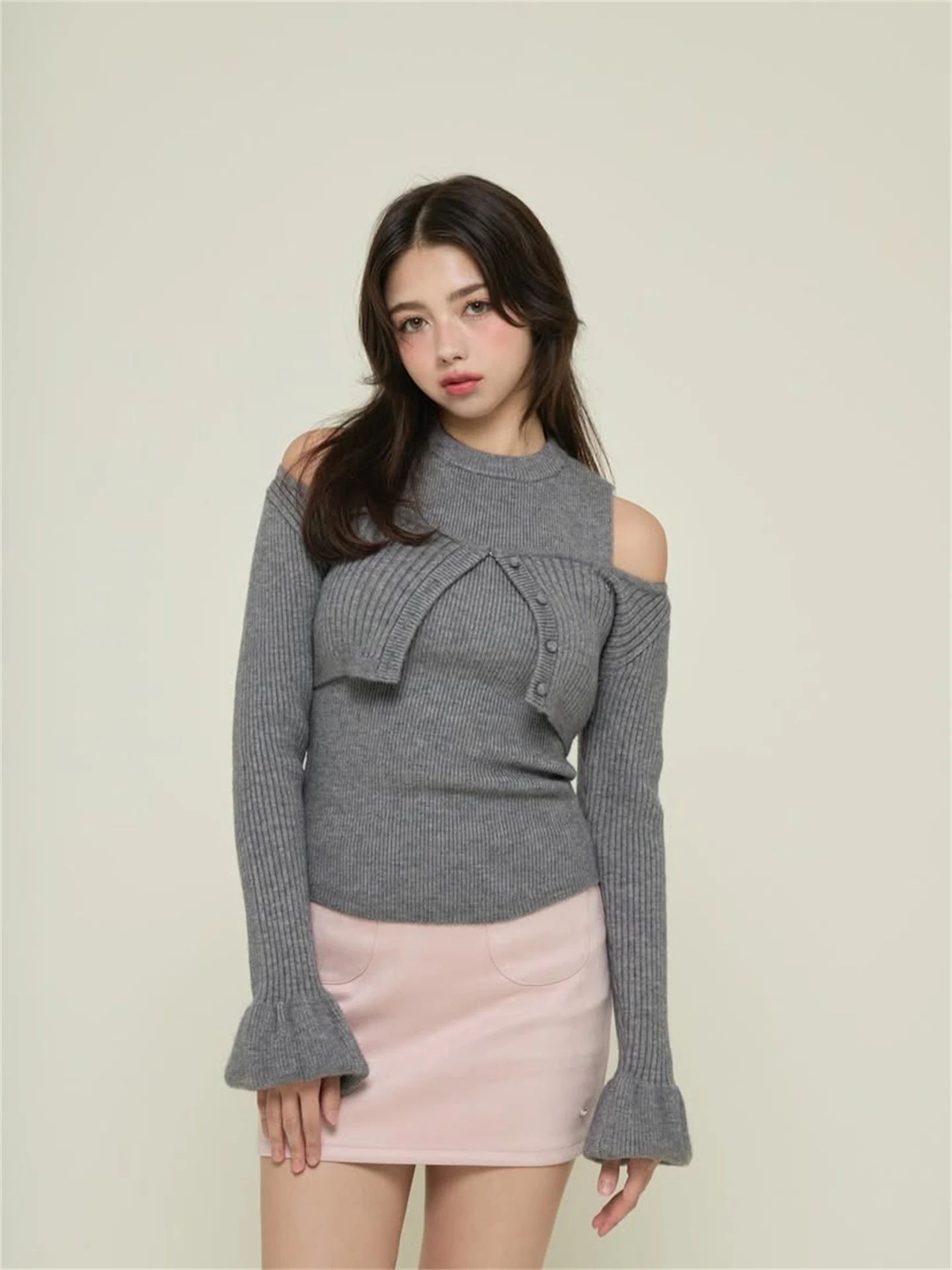

Pure Desire Style round Neck Sleeveless Short Two-Piece Set Sweater Casual Soft Women's Daily Wear Warmth Heating Button Closure
