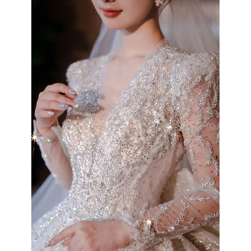 

Winter New Long Sleeve Wedding Dresses Luxury Beadings Ball Gown Sexy Deep V-neck Brush Train Vestido De Noiva Plus Size