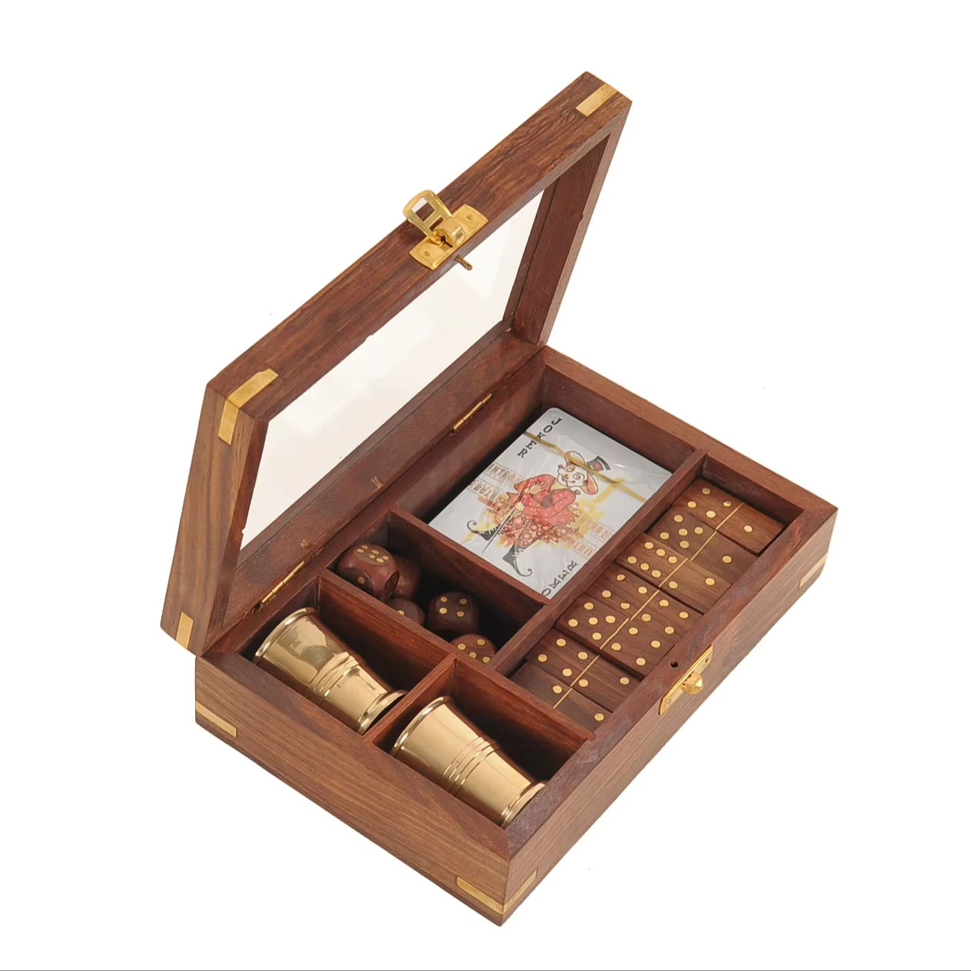 

Handcrafted Vintage Wooden Board Game Set With Brass Goblet Painted Technique For Home Bar Or Gift