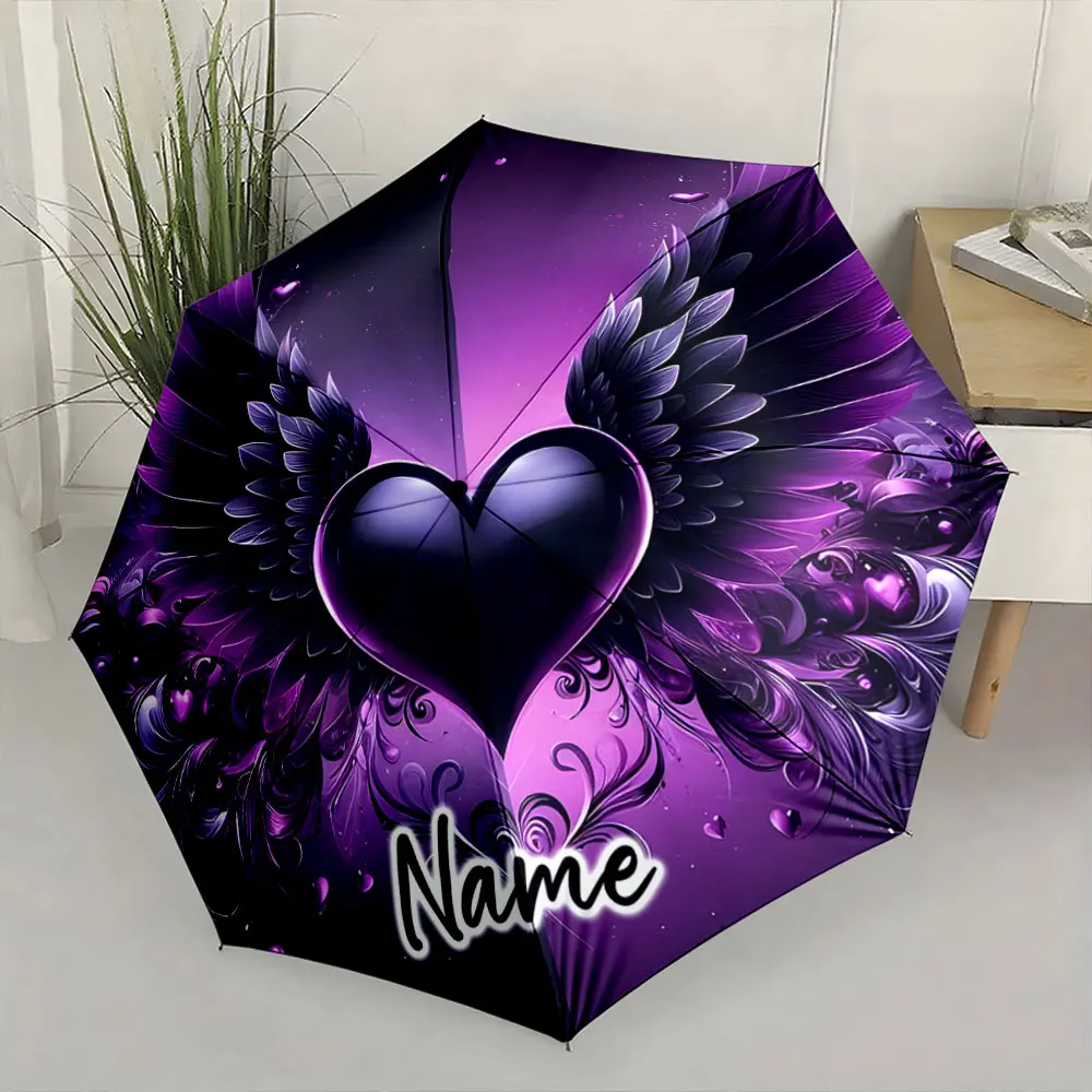 Custom Name  Elegant Purple Heart and Wings Umbrella Design Print 8 Iron Ribs Folding Umbrella Auto-Open Fashion Sunshade