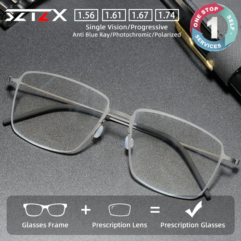 

SZTZX Screwless Titanium Hypoallergeni Prescription Glasses Anti Blue Light Square Myopia Glasses Progressive Reading Eyewear