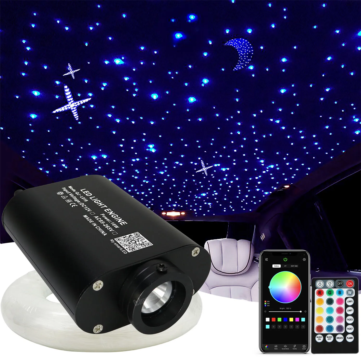 Zestaw światłowodowego oświetlenia sufitowego DC12V 16W RGBW z aplikacją, mieszane światłowody, kabel, silnik LED do dachu samochodu, oświetlenie światłowodowe imitujące gwieździste niebo.