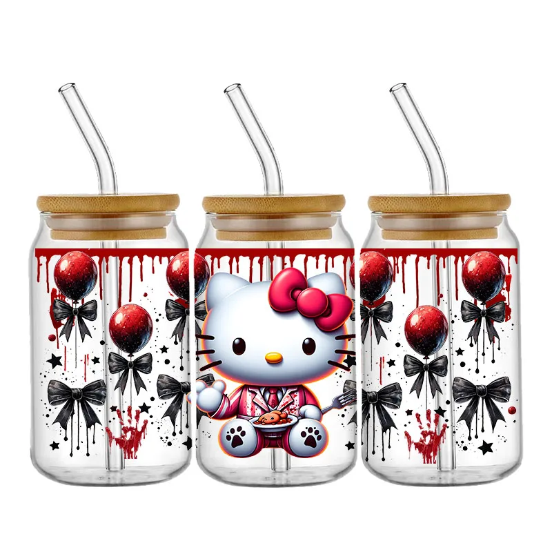 3D Miniso ฮาโลวีน Hello Kitty UV DTF ถ้วย Wraps Transfer สติกเกอร์สําหรับ 16OZ แก้ว Libbey สามารถขวด SelfAdhesive กันน้ํา