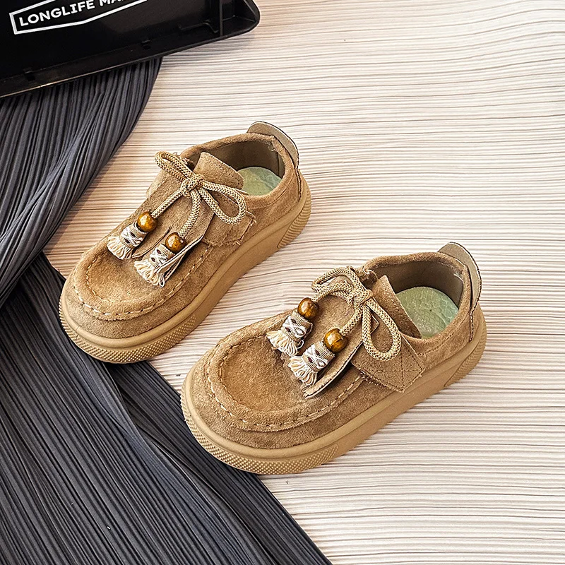 

2025 Autumn New Kids Casual Shoes Round Toes Classic Children Flat Shoes with Simple Bows Girls Leather Shoes Soft Sole Non-slip