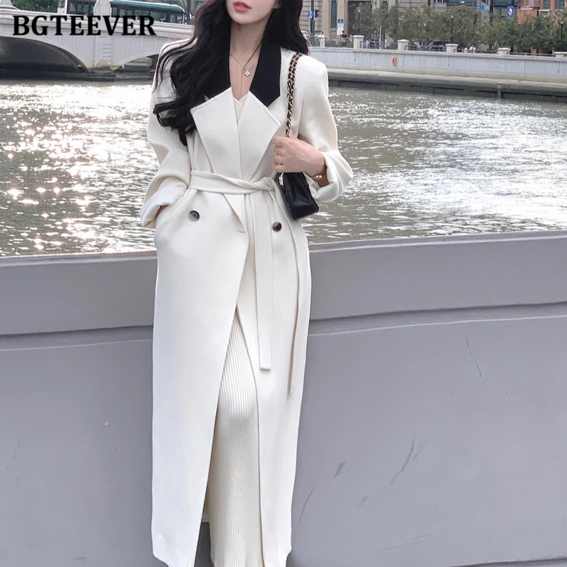 

BGTEEVER Fashion Patchwork Long Trench Coats Women Elegant Winter Loose Full Sleeve Lace-up Female Overcoats