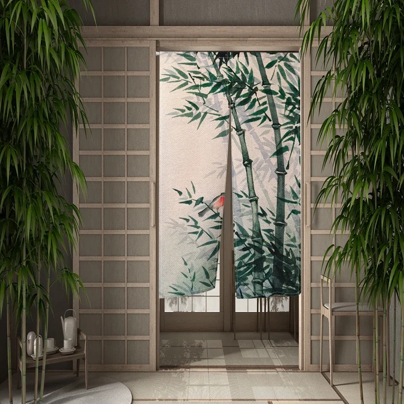 Chinese Traditional Bamboo Door Curtain Ink Painting Kitchen Dining Room Partition Curtains Drape Entrance Hanging Half-Curtain