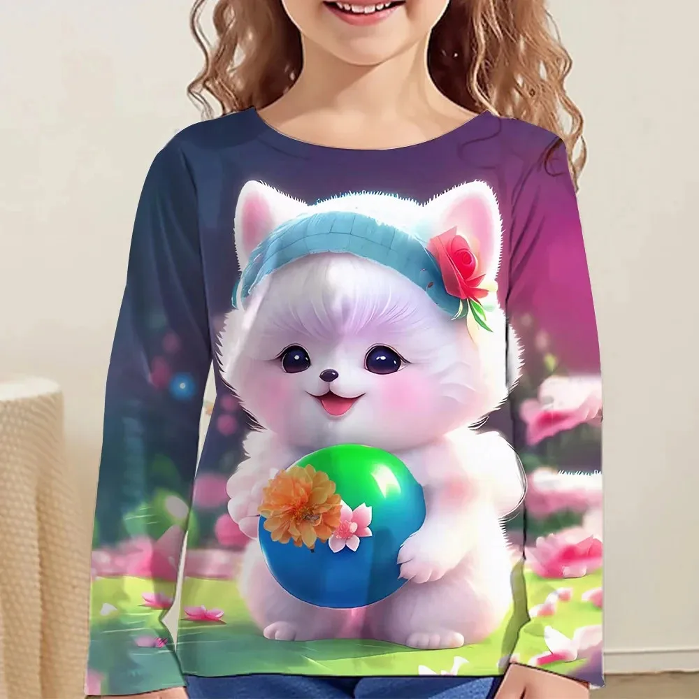 T-shirt de gato e tigre infantil, mangas kawaii, blusa com decote em o, camiseta fofa para menina, roupas infantis, outono, 2023