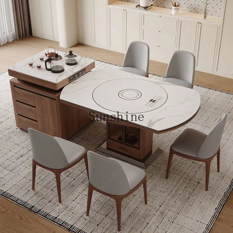 

Medieval solid wood multi-functional with warm vegetables induction cooker rotating ash wood rice table and chairs