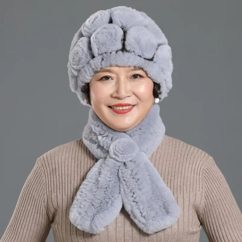 New Women Winter Fur Hat Scarf Sets Natural Warm Real Rex Rabbit Fur Cap Scarves Lady Knitted Warm 100% Genuine Fur Hats Muffler