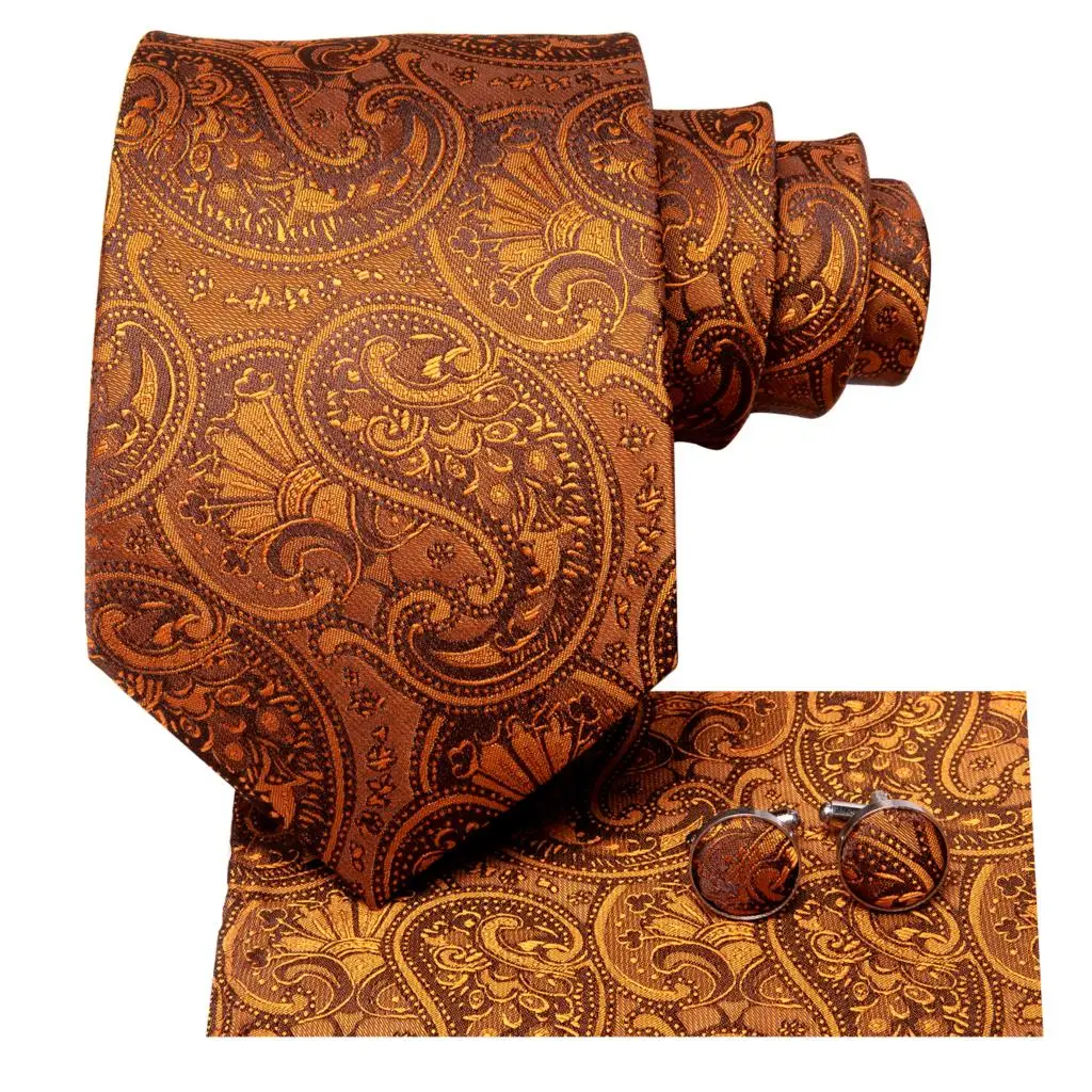 Hi-Tie Orange Solid Paisley Men\'s Tie Set Silk Wedding Tie For Men New Fashion Designer Quality Hanky Cufflinks Set Dropshipping