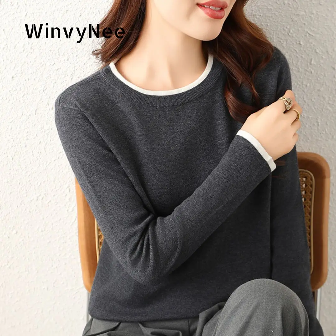 

WinvyNee Women Worsted Wool Round Neck Two Tone Sweater Spring Autumn Versatile Classic Knit Daily Basic Tops Pullovers A1757008