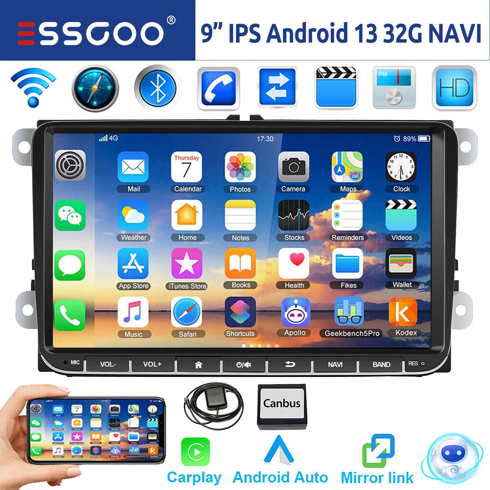ESSGOO 9 "Android 14 4G + 64G Apple Carplay Autoradio GPS NAVI WIFI RDS FM BT voor VW Golf 5 6 Passat Polo Touran Tiguan Caddy EOS