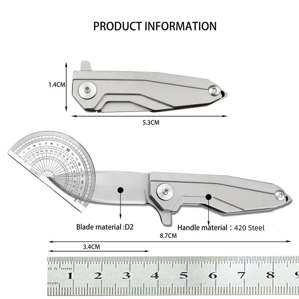 Pocket Mini Folding Knife D2 Blade Stainless Steel Handle Small Lightweight Pocket Knife Multifunctional Outdoor Rescue Tool