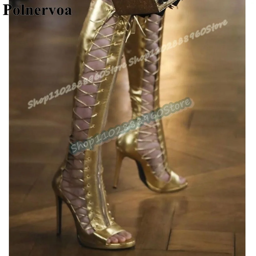 

Knee High Gold Metallic Leather Cross Tied Sandals Stilettos High Heel Women Shoes Front Zipper Open Toe Luxury Party Sandals