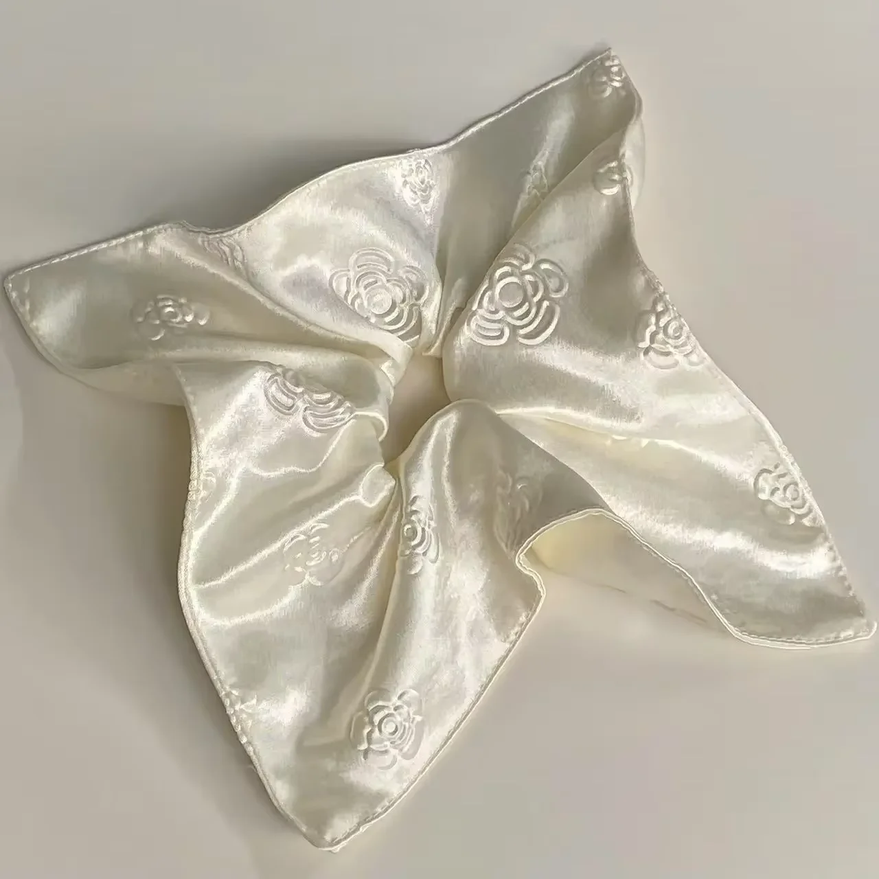 French high-end camellia cream white satin large intestine scrunchie square scarf fashion temperament women's hair accessories