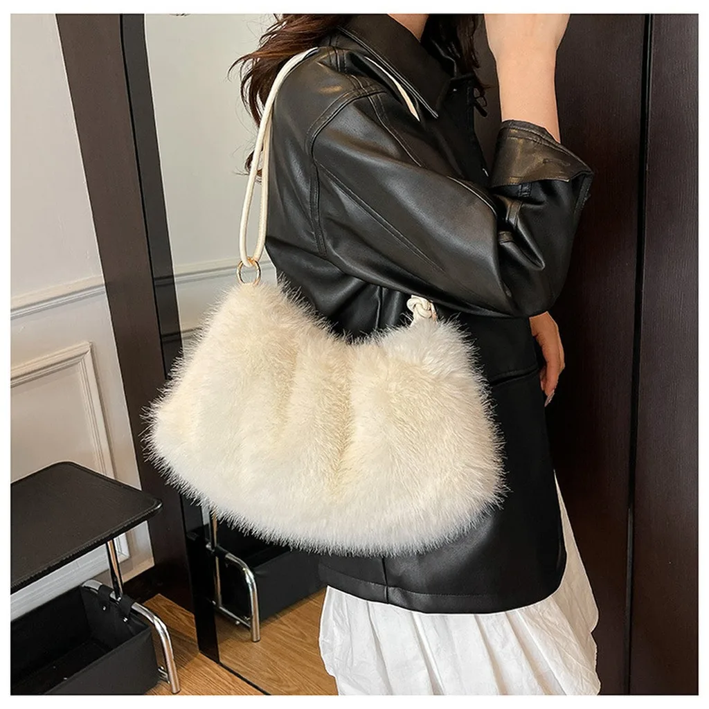 Women'S Shoulder Bag Plush Horizontal Rectangular Bag Faux Fur Bag Minimalist For Underarm Carry Daily Occasions Daily Commute