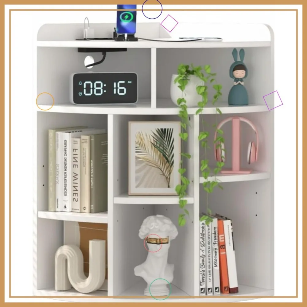 

Modern Corner Shelf with USB Ports & Outlets, Adjustable Toy Storage Rack for Living Room, Bedroom, Kitchen
