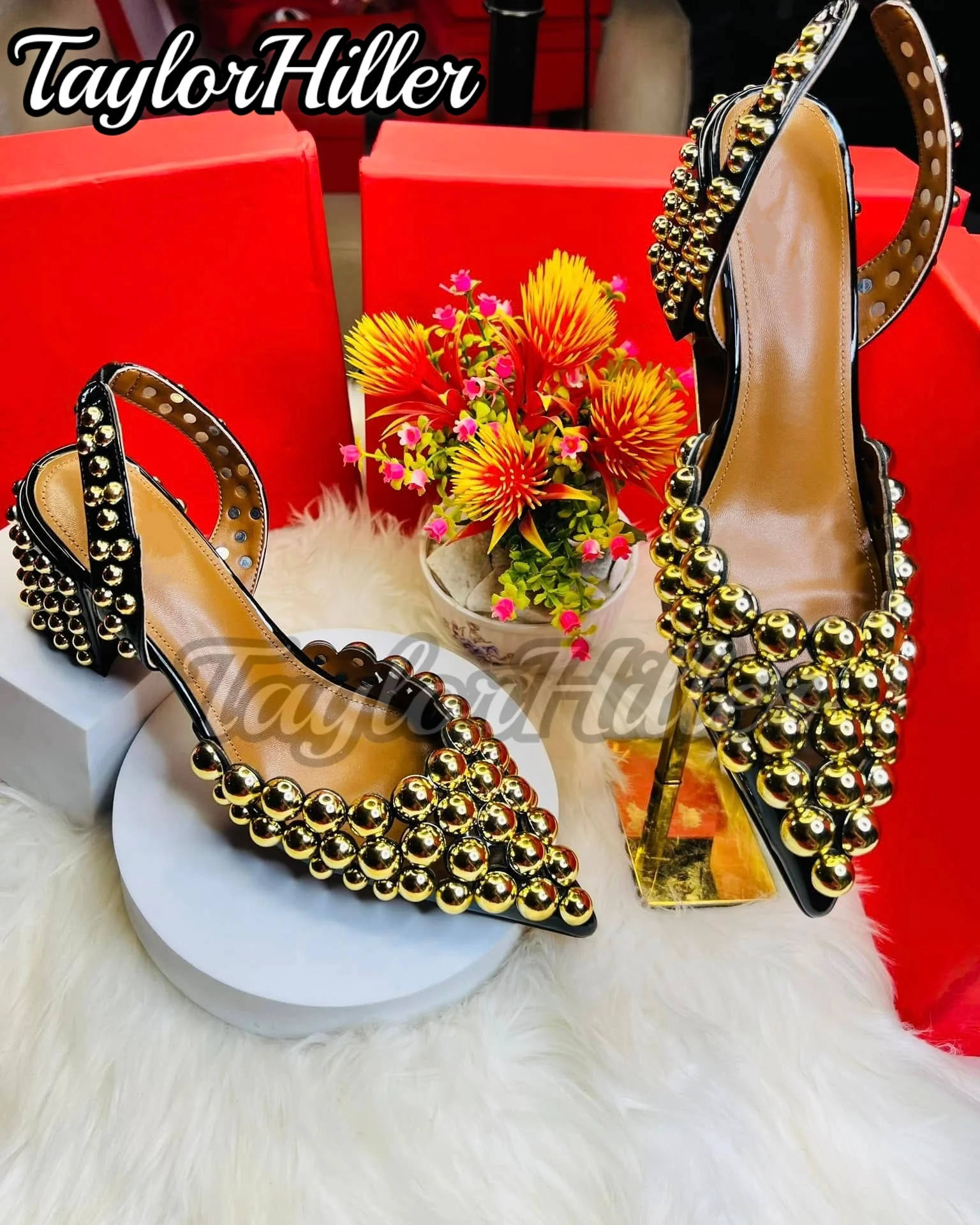 

Golden Silver Ball Decor Heeled Sandals Slingback Women Pull On Slip On Shoes Pointy Toe Luxury Studded Metallic Luster Heels
