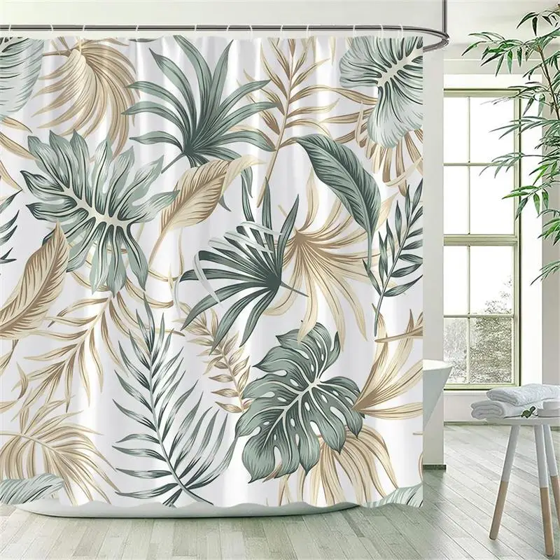 Tropical Plants Floral Shower Curtains Beige Green Palm Leaves Flowers Nordic Decor Bathroom Polyester Fabric Bath Curtain Sets