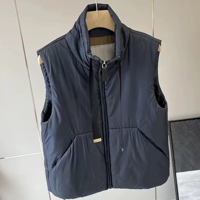 Schinteon Gilet da donna in piumino d'anatra bianco Colletto alla coreana Giacca senza maniche casual Semplice tinta unita Alla moda Autunno Inverno Top Nuovo
