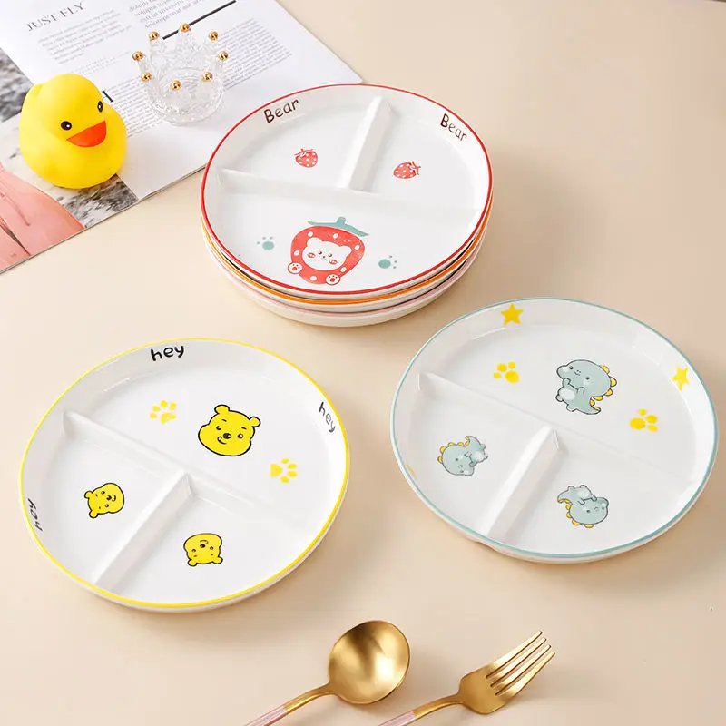 

Nordic grid red fat reducing dining plate children's cartoon three grid dining plate fruit plate ceramic household breakfast