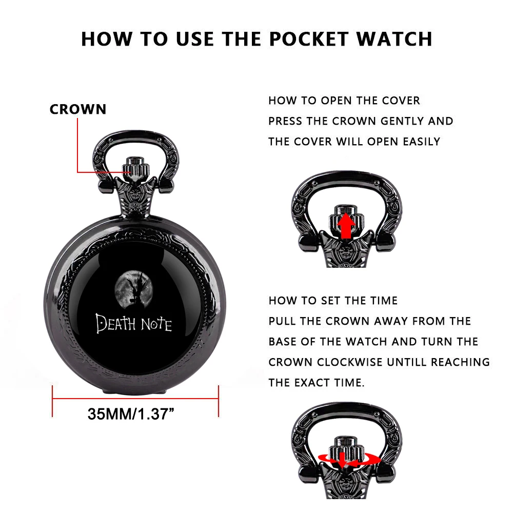 Reloj de bolsillo de cuarzo con diseño de Death Note para hombres y mujeres, pulsera con cúpula de cristal, cadena duradera, esfera de números árabes, regalos creativos