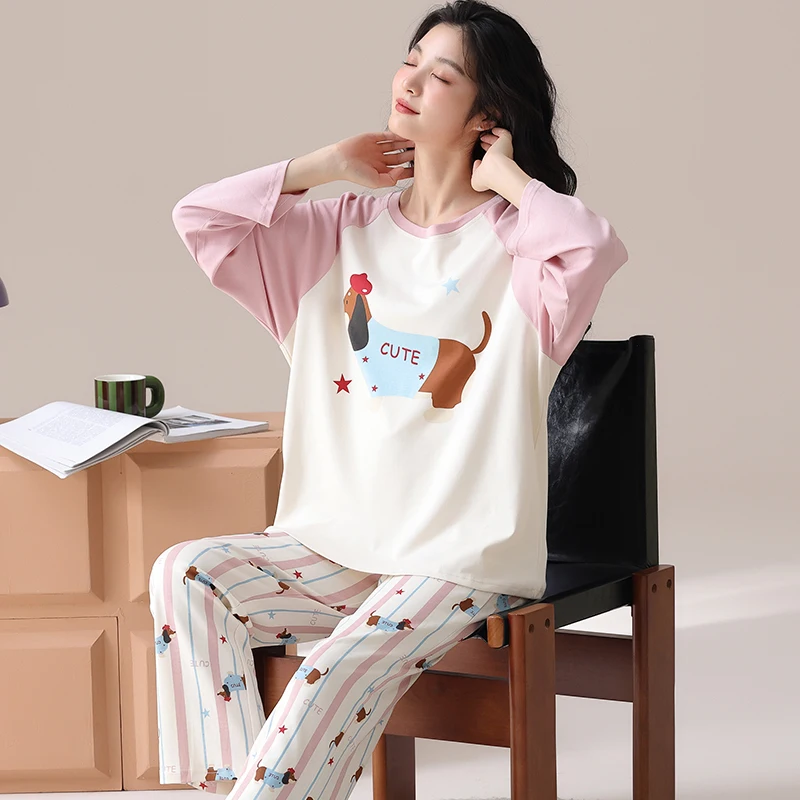 Cute Dog Pajamas Sets Womens Autumn Winter Long Sleeves Long Pants Pink Sleepwears Kawaii Pyjamas Cozy Pijamas Soft Pjs Girls Pj