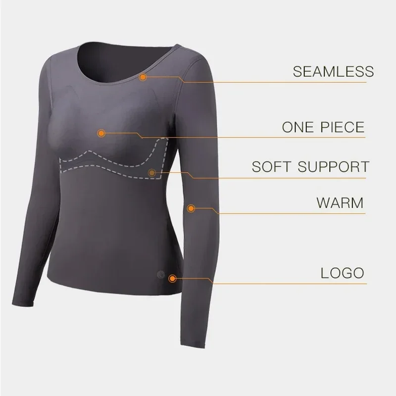 SUJIIN Women\'s Thermal Underwear Shirt with Bra Women Winter Warm Female Thermal Clothing Base Layer Soft Long Sleeve Tops WC008