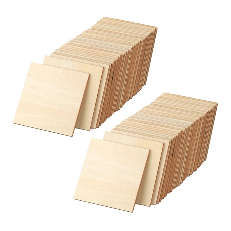 

Unfinished Wood Pieces 100 Pcs 4 Inch Square Blank Wood Natural Slices Cutouts For DIY Crafts Painting Staining