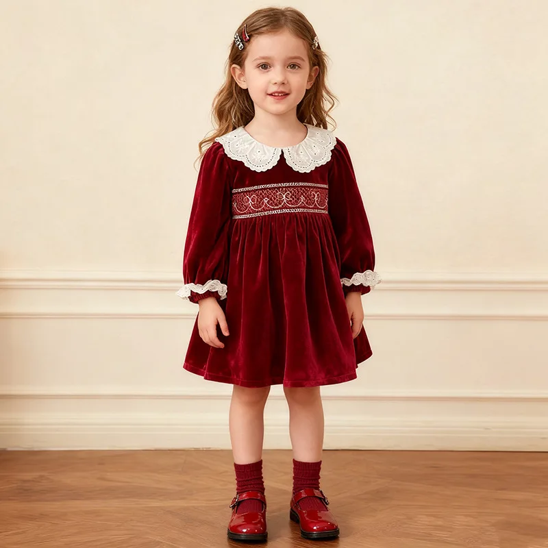 

Christmas Girls Dress Spring and Autumn Long Sleeve Gathered Doll Collar Princess Dress Red Velvet Baby Girl Dress