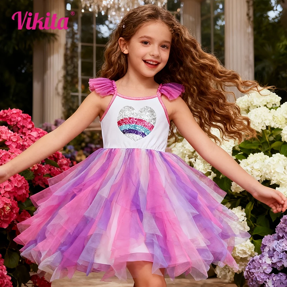 VIKITA Girls Rainbow Sequined Heart Shape Flare Sleeve Sling Suspenders Dress Kids Irregular Colorful Princess Party Tutu Frocks