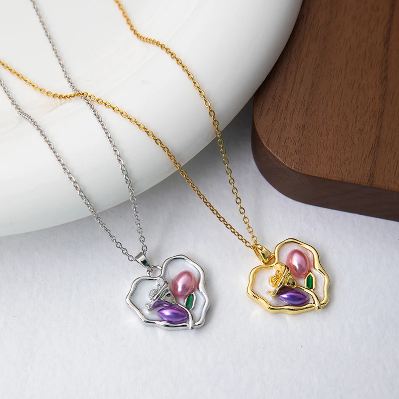 ANENJERY 316L Stainless Steel Colorful Drop Oil Flower Heart Necklace for Women Girls Vintage French Delicate Jewelry Gifts