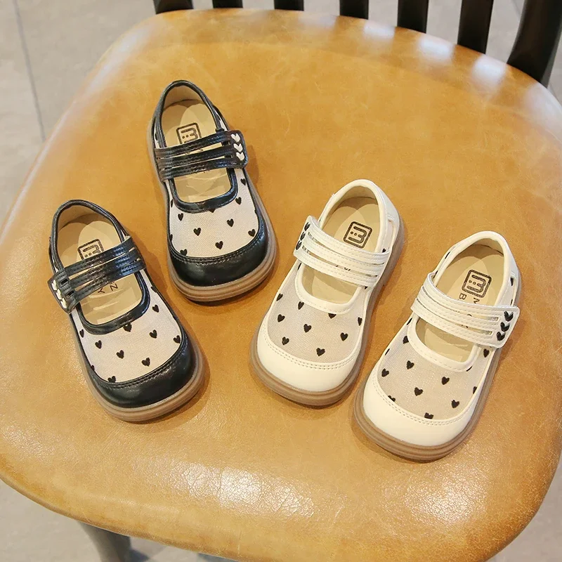 Toddler Girls Mary Janes Elegant Heart Mesh Breathable Four Season Children Leather Shoes 22-31 Princess Heart-shaped Kids Shoes