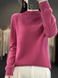 Spring Autumn New Women Pullover Mock-neck Basic 100% Merino Wool Sweater Hollow Solid Cashmere Knitwear Female Clothing Jumper