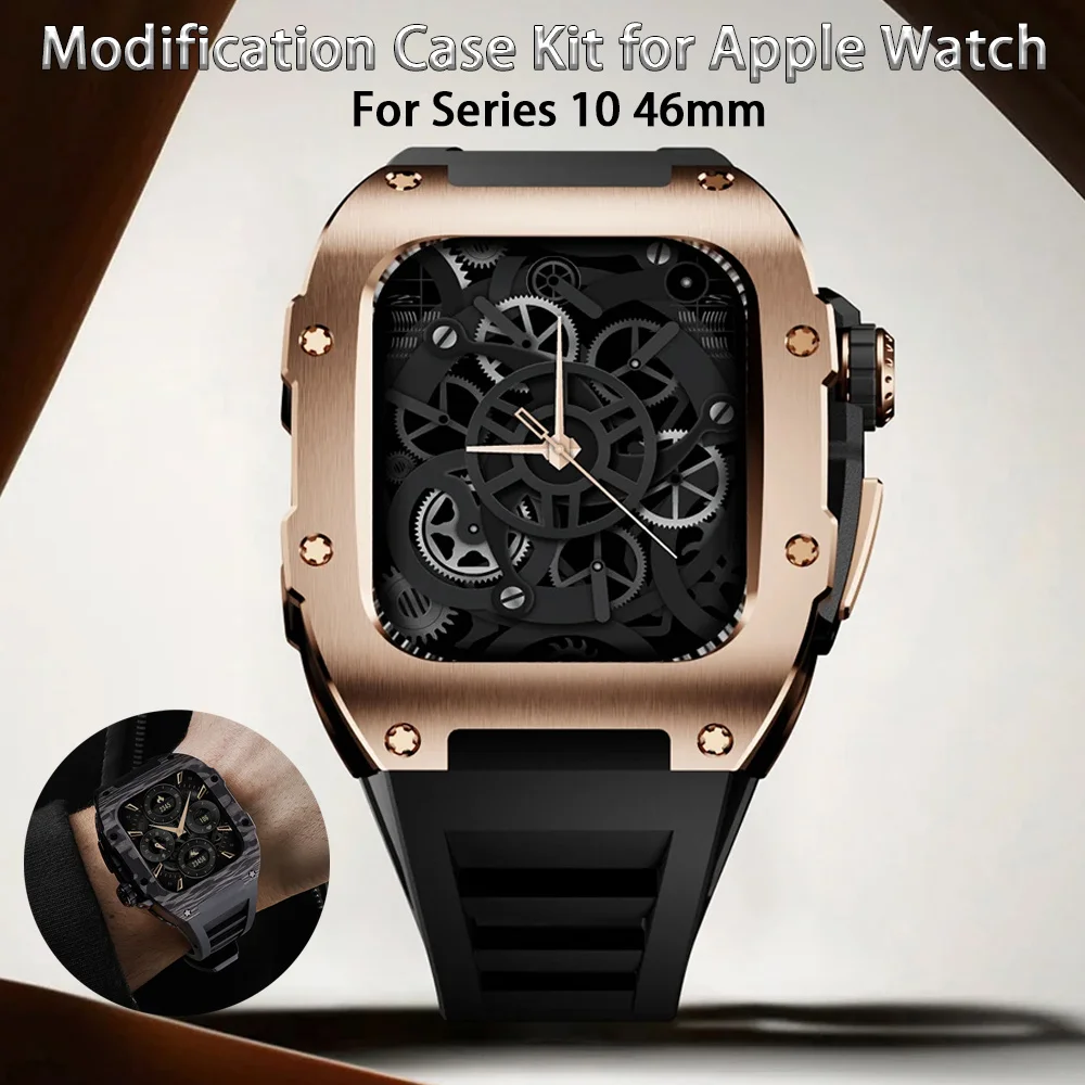 Kit de modificação de luxo para apple watch série 10 46mm 316l aço inoxidável protetor caso pulseira de borracha iwatch banda acessórios