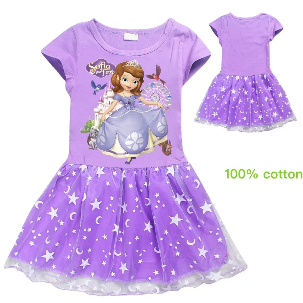 Girls Dresses Cartoon Princess Sofia the First Print Cotton Summer Dress Short Sleeve Star Moon Children Lace Christmas Costumes