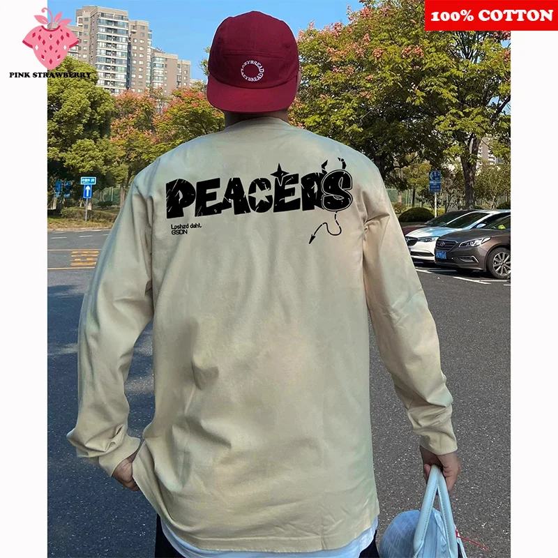 

American style Design Letter Print T-shirt Men's Autumn 2025 New White Long sleeves Loose Casual T-shirt Y2k Top Mens clothing