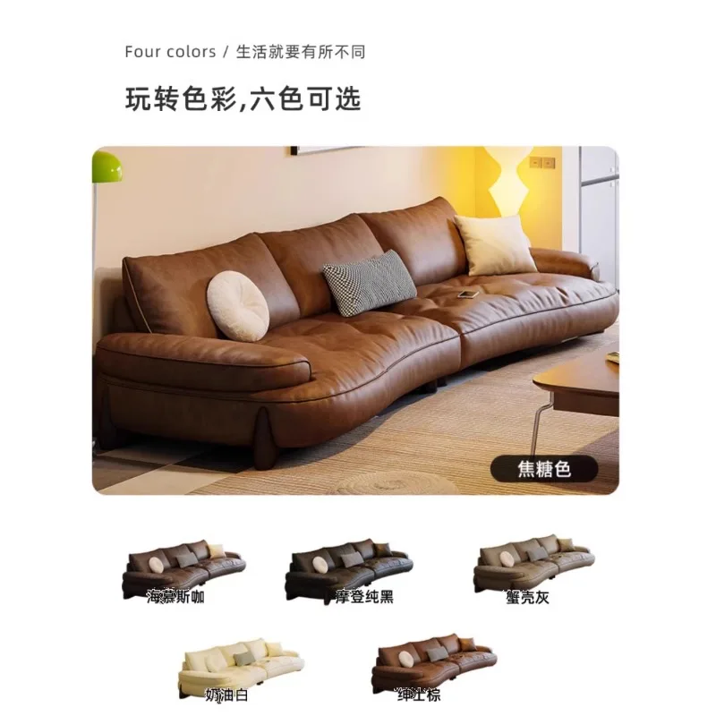 

Italian minimalist leather sofa straight row small apartment simple modern leather art living room light luxury oil wax leather