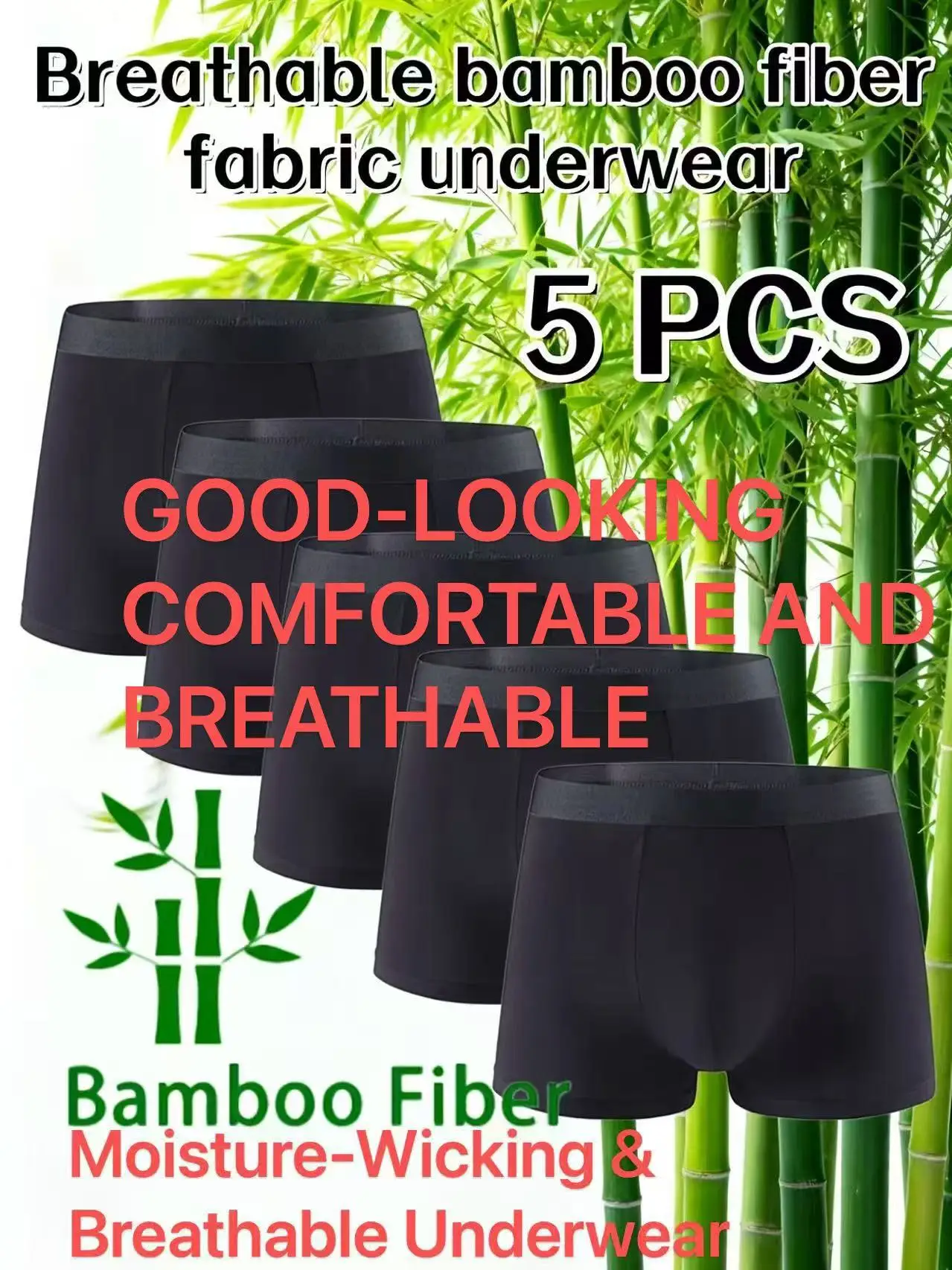 5 PCS black men's underwear, genuine 95% bamboo fiber men's boxer briefs, made with real materials that are soft, comfortable, moisture-wicking, and refreshing. The bamboo fiber material is comfortable to wear, suitable for daily casual wear and fitness activities. Economical and affordable pack