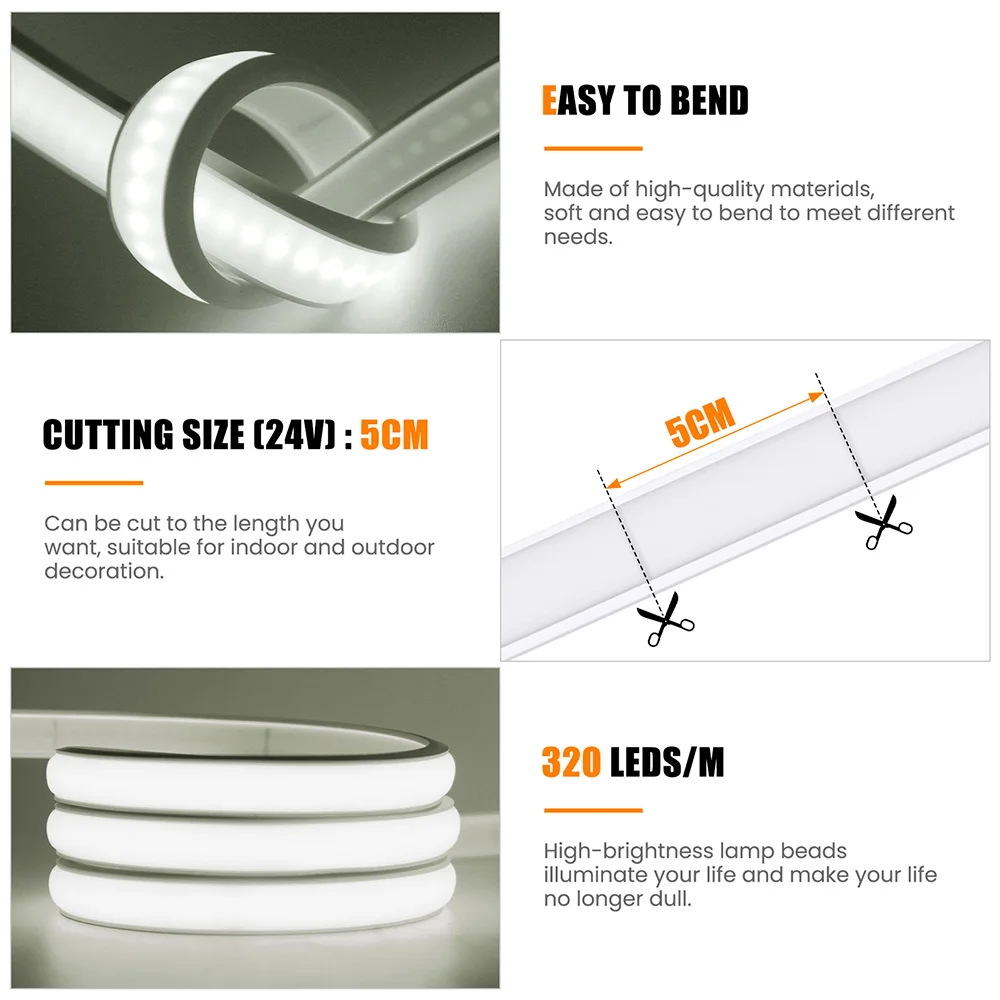 Imagem -06 - Solar Cob Led Strip Light 320led m dc 24v Luzes Flexíveis Impermeável Quente Natural Branco Decoração do Jardim 05 m 1m 2m 5m 11x6 mm