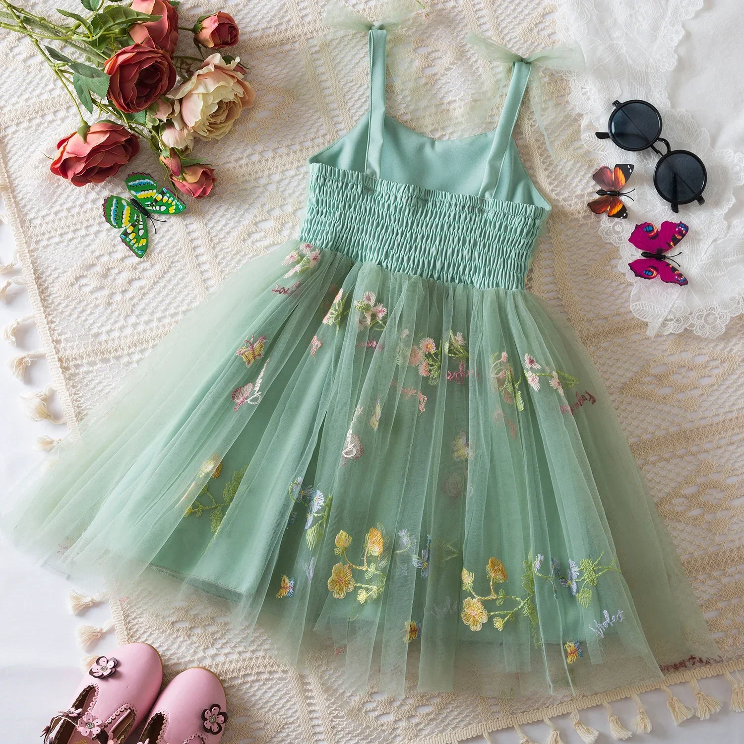 Flower Tuller Baby Girls Dress Sling Sleeveless Embroidery Mesh Bow Princess Dress Summer Beach Birthday Party Toddler Clothes