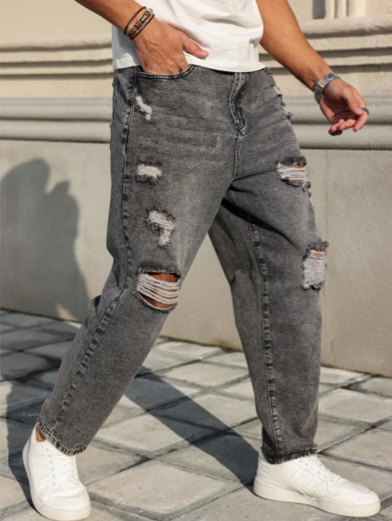 

Men's All-Season Gray Ripped Loose-Fit Jeans