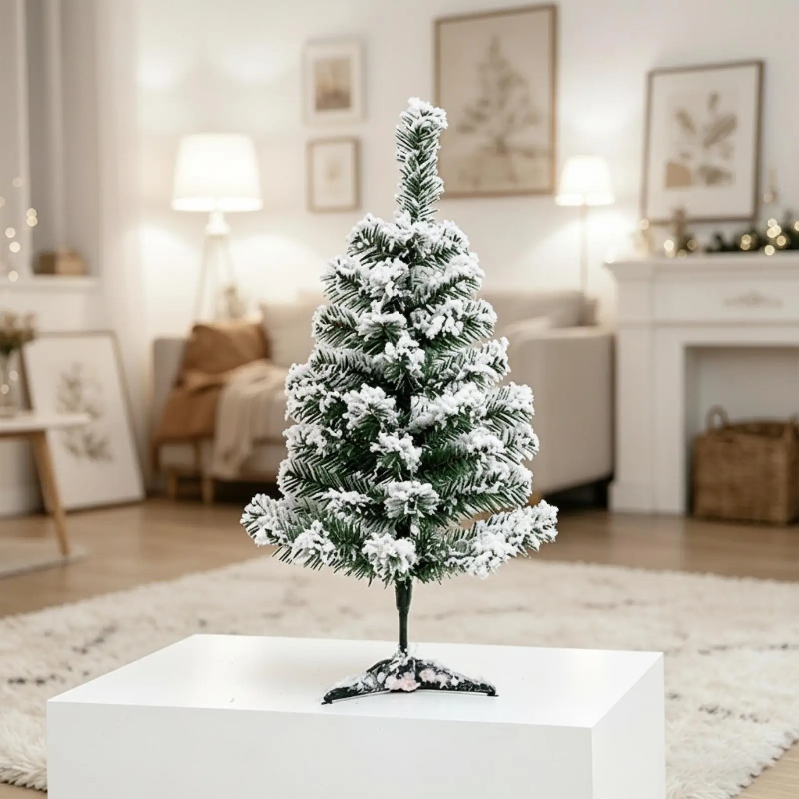 Tabletop Christmas Tree with Artificial Snow Sturdy Tripod Stand Compact Decor for Holiday Mantel Shelf Desk
